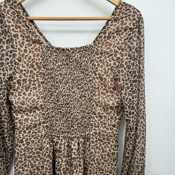 Abercrombie & Fitch Long Sleeve Ruffle Hem Mini Dress Leopard Print Smocked - Picture 3 of 12